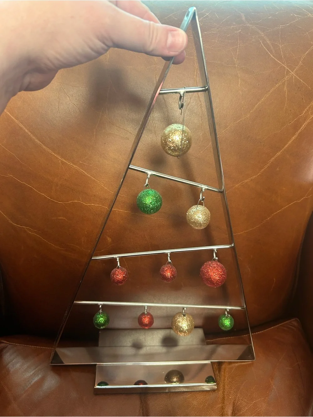 Crate&Barrel Silver Metal Triangle Ornament Tree with Red, Green, Gold Baubles